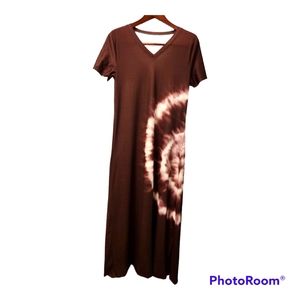 Brown Tie Dye V-Neck Short Sleeve Maxi-Dress Casual Soft Comfy Size Medi…